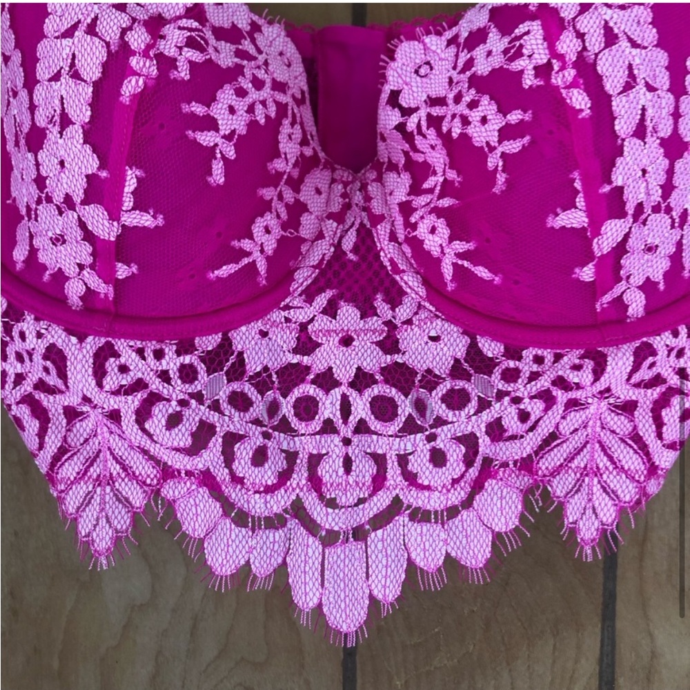 VICTORIA’S SECRET Dream Angels Eyelash Bra Floral Lace Long Line Demi Pink 36D - Picture 7 of 15